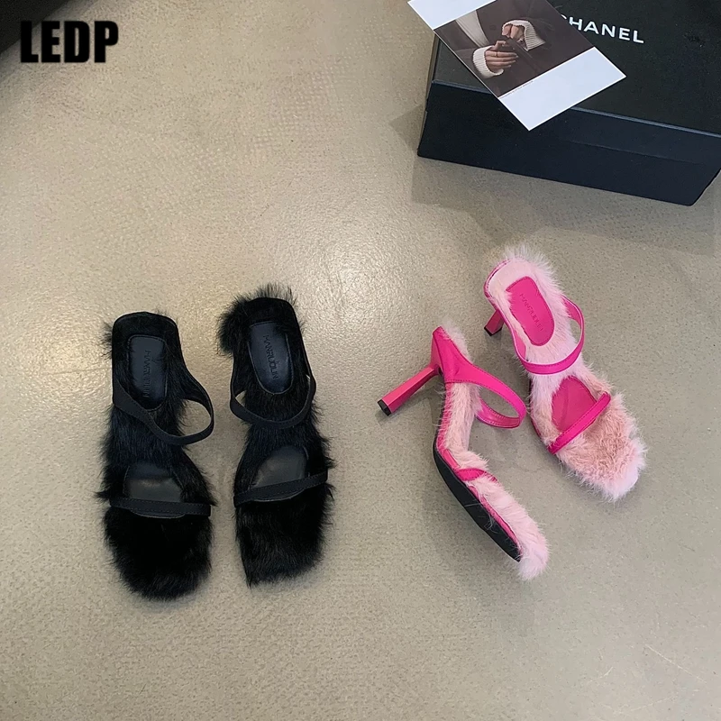 

Designer Female Dress Modern Slippers Furry Sexy Ladies 2023 New Square Toe Autumn Winter Thin Heels Pumps Shoes Female Chic