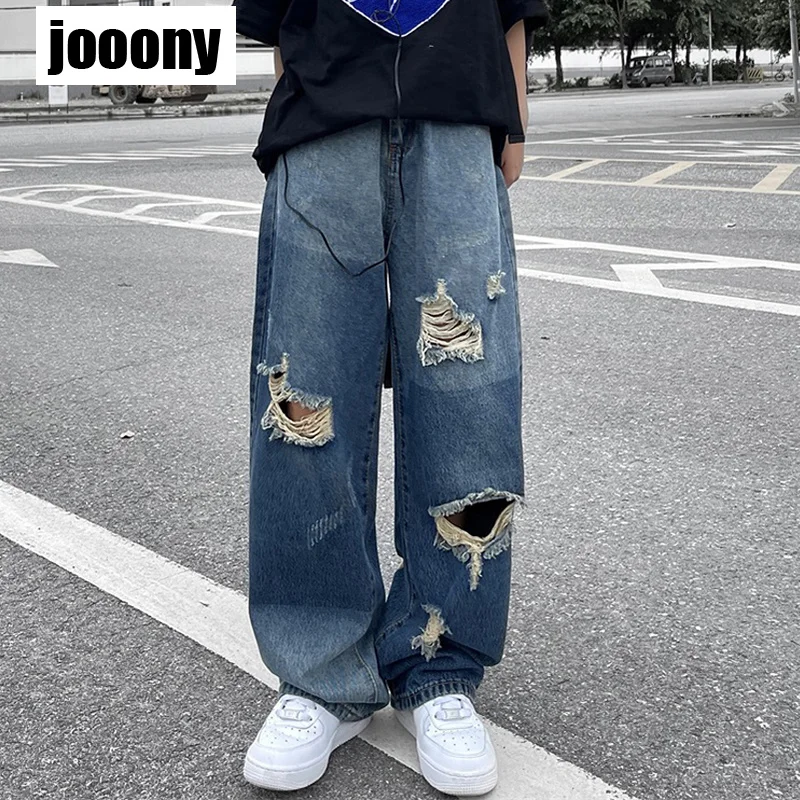 

Men Casual Wild Loose Wide-Leg Trousers Korean Version Of Ins Hip-Hop High Street Hipsters Distressed Old Ripped Straight Jeans