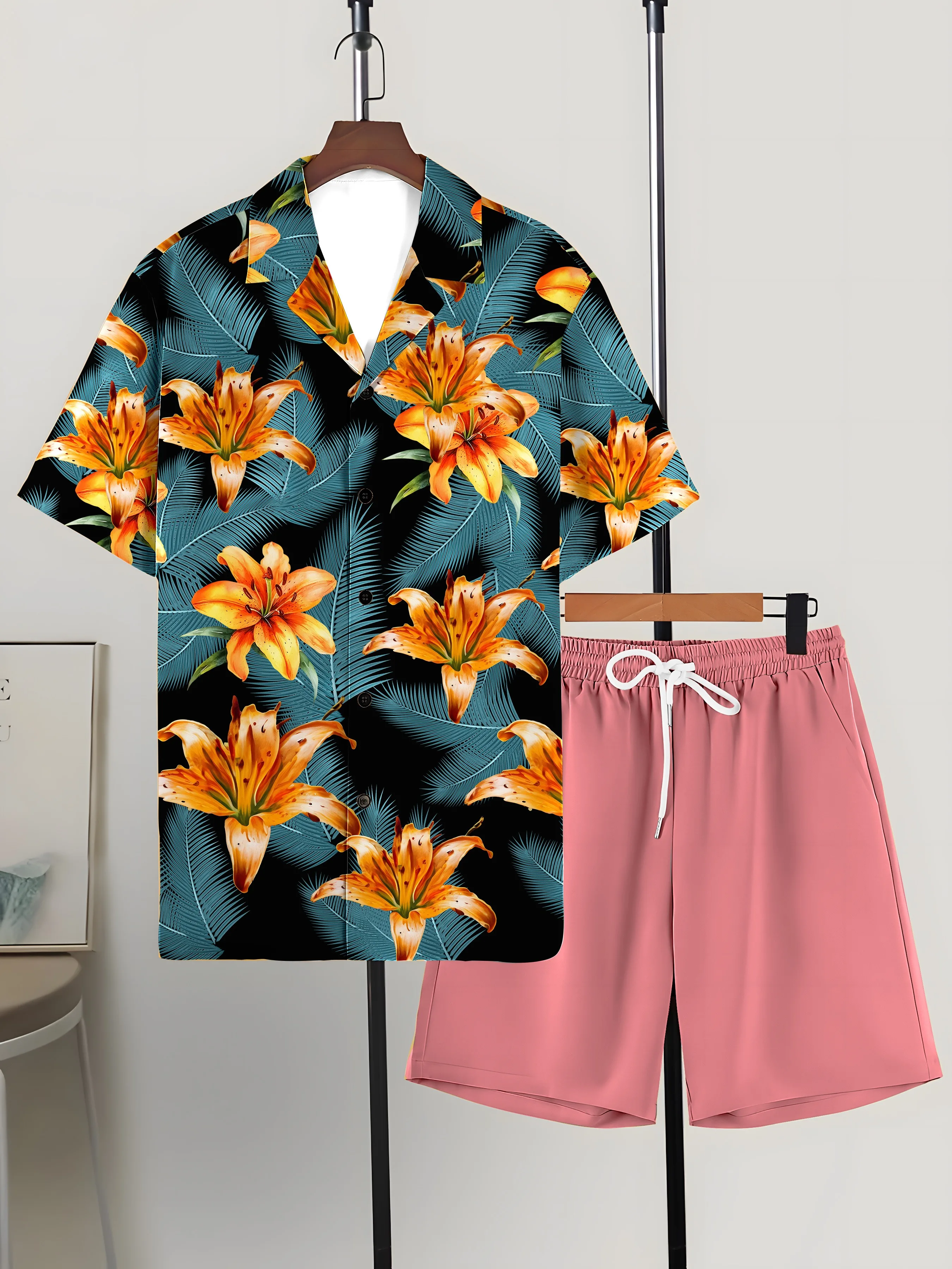 Hawaii shirt set men’s floral print summer casual large button-down shirt and shorts two-piece set multicolor green