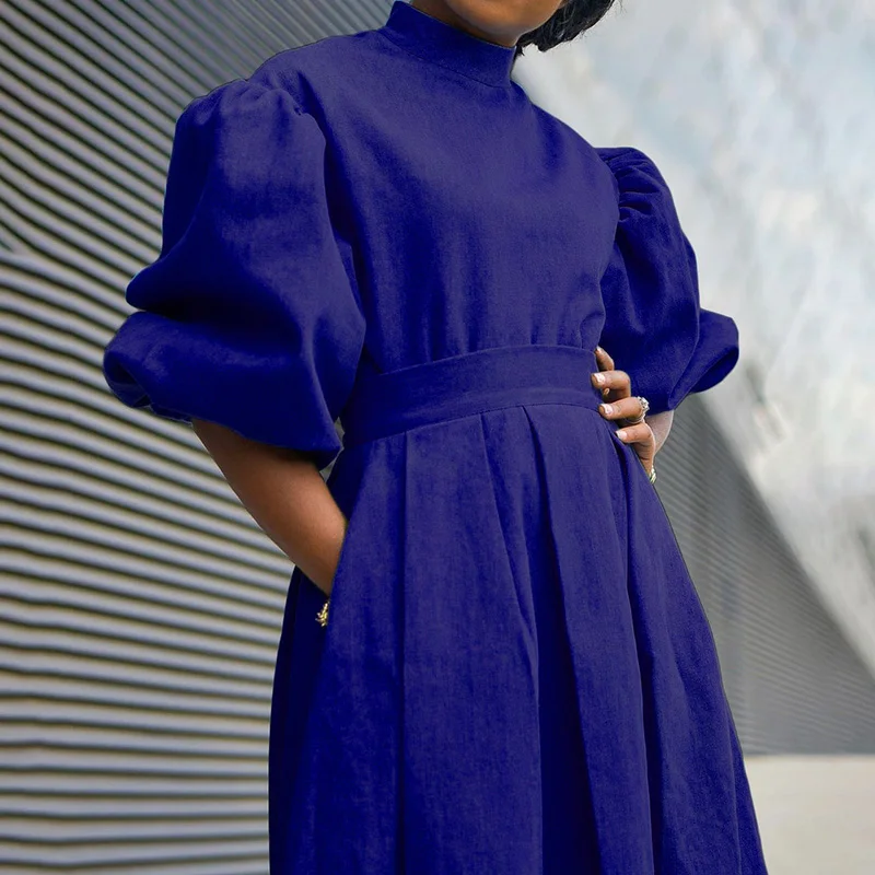 Summer Clothes for Women Dark Blue O-Neck Puff Half Sleeve A-line Skirt High Waist Zipper Plus Size Elegant Mid-Calf Dresses
