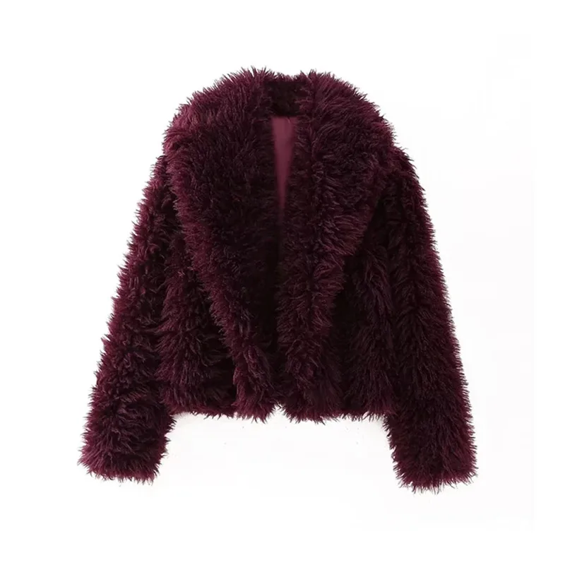 Fashion Women Faux Fur Coat Fluffy Lapel Loose Long Sleeve Burgundy Red Cropped Jacket Female Winter High Street Outwear