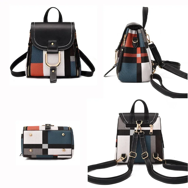 PU Leather Plaid Backpack Splicing Backpack for Women Multi-Function Knapsack Teenager School Bag Leisure Lock Backpack 5