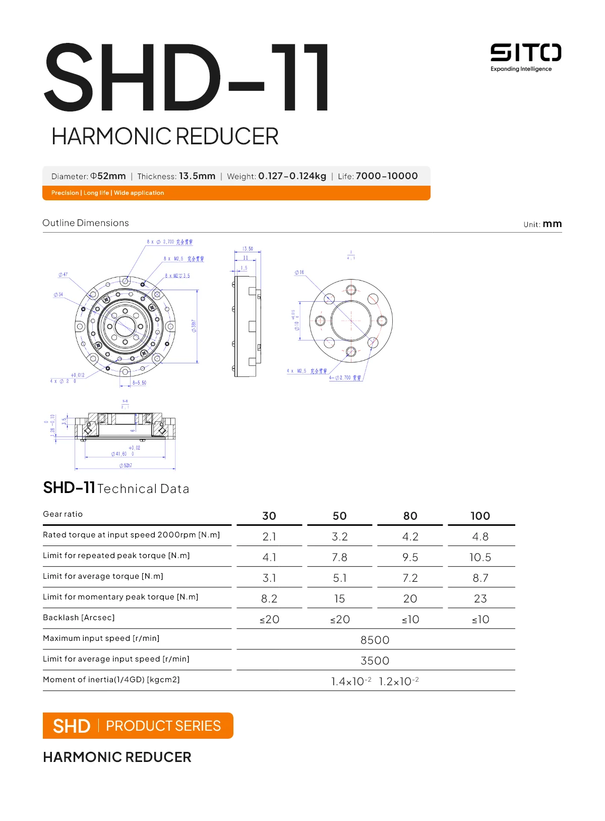 Sito SHD11 소형 중공 Nema 14 17 서보 모터 감속기 52mm 기어 박스 스트레인 웨이브 기어 로봇 액추에이터 용 고조파 드라이브