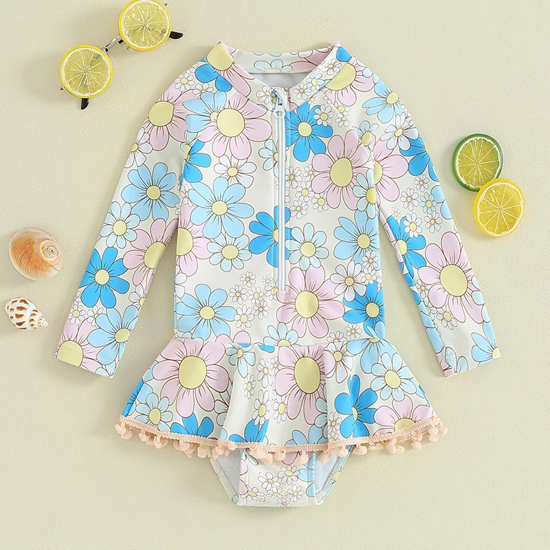 

BeQeuewll Baby Girl Swimsuits Summer Floral Print Zipper Long Sleeves Jumpsuit for Toddler Bathing Suits Beachwear