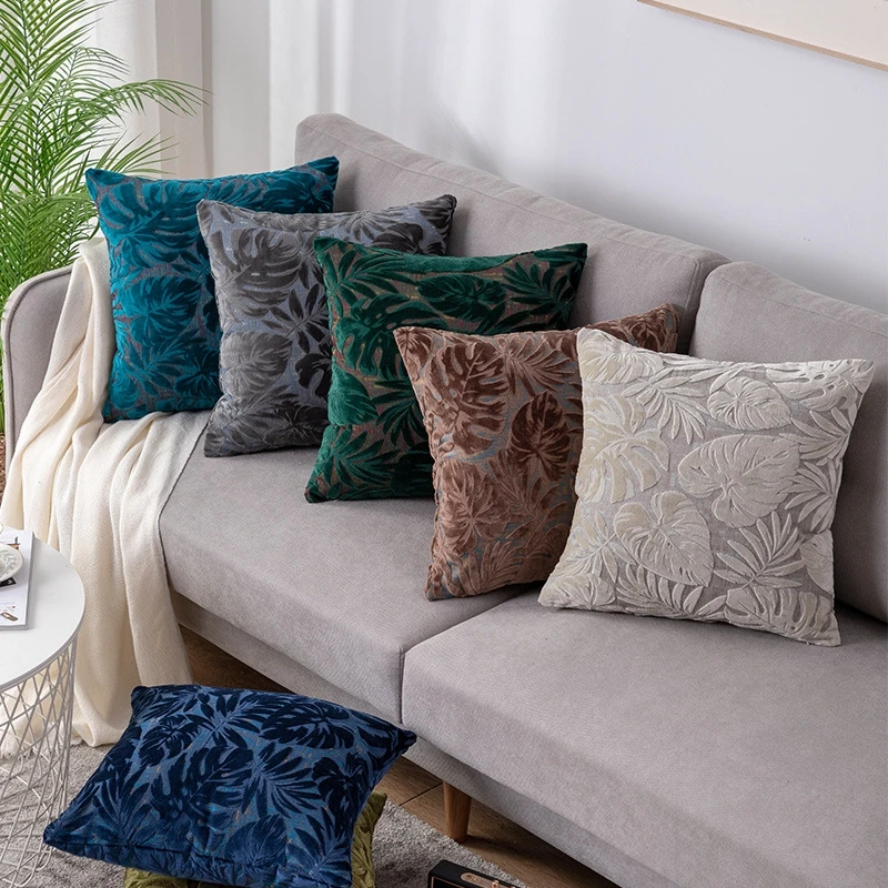 

European Jacquard Cushion Cover Solid Color Tropical Leaves Decorative Pillows Home Office Sofa Chair Bed Backrest Pillowcase