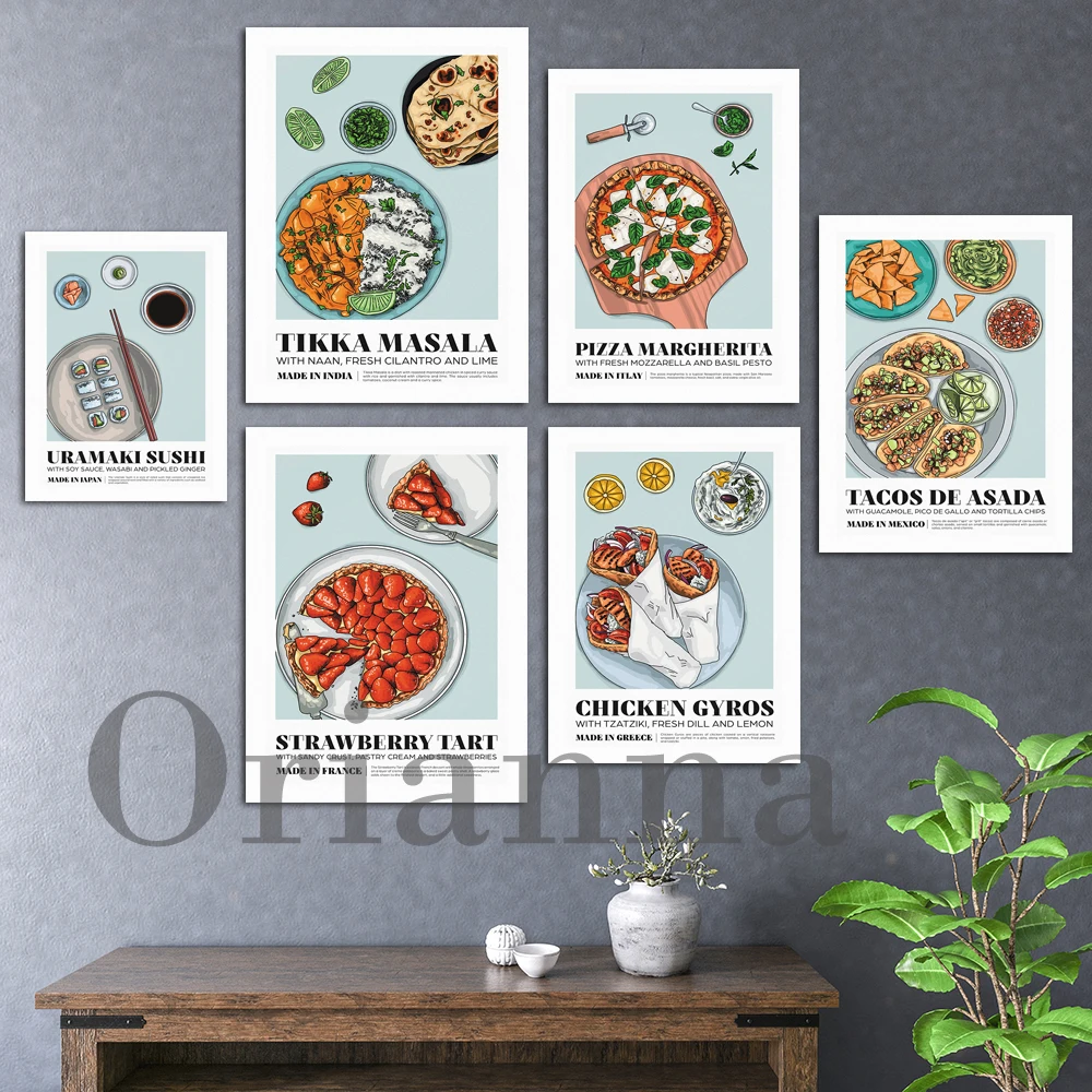 Margherita Pizza Taco Messicano Tikka Indiano Masala Sushi Giapponese Crostata Di Fragole Francesi Giroscopio Greco Cibo Poster Cucina Decor