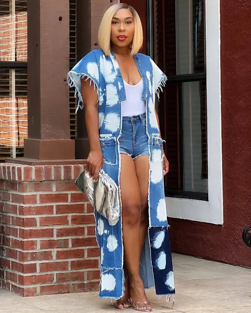 

Длинный джинсовый жилет с принтом и кисточками, пальто, модная женская джинсовая куртка с коротким рукавом, металлическими цепочками и карманами