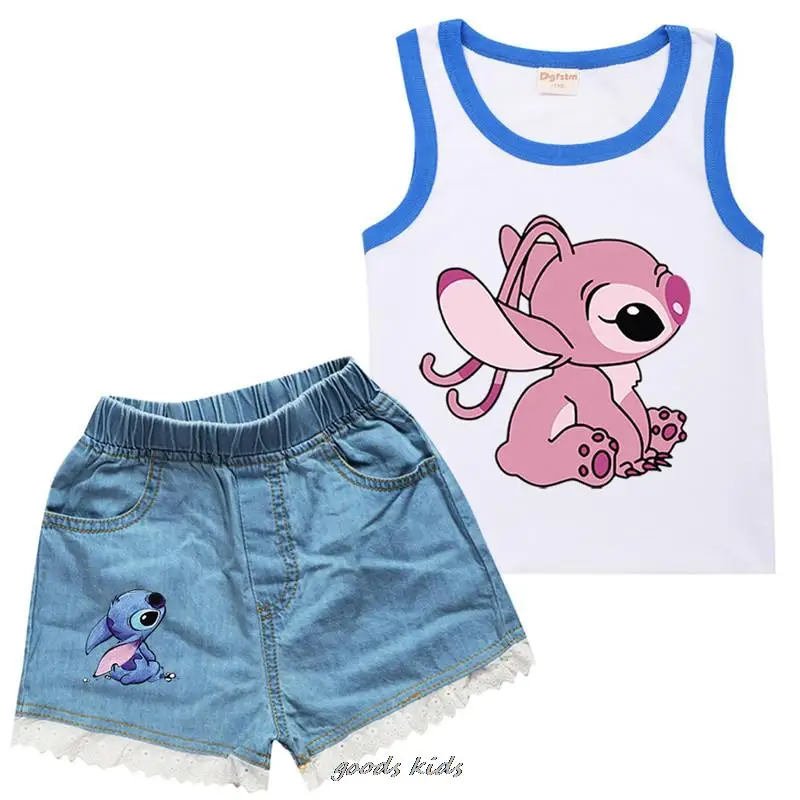 Lilo e Stitch Cotton Top infantil, camiseta e jeans sem mangas, agasalho casual, roupas de menina, calções de verão, quente, 2 peças