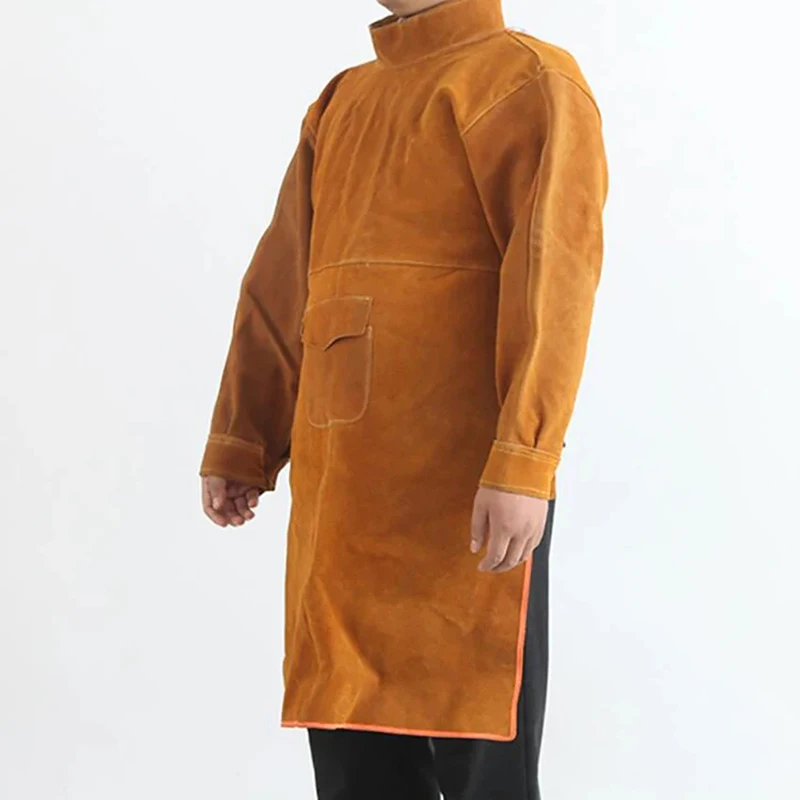 Welding Protective Gear cowhide leather welding clothes 105CM long heavy duty apron suit flame & wear resistant coat with sleeves for men