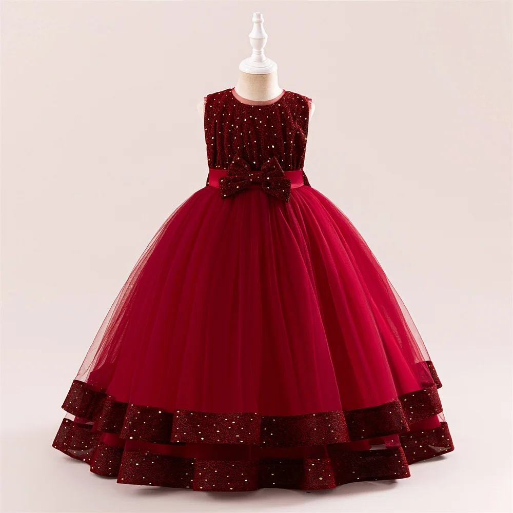 Teen Mädchen Pailletten glänzend lange Party kleid Kinder ärmellose Party Tutu Kleid Mädchen Vintage Bogen Abendkleid Kinder Flash Wear – Detail 5