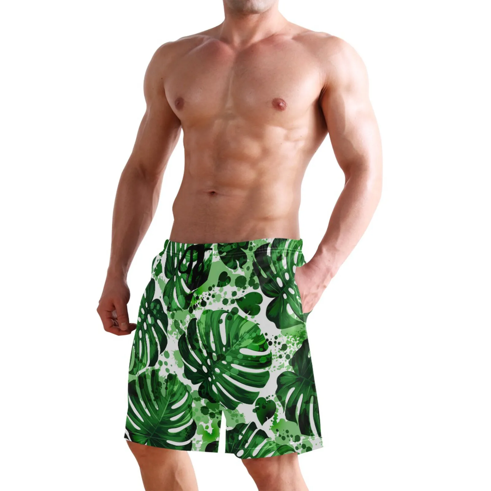 2022 Men's Summer Beach Shorts Tropical Palm Leaves Print With Pockets Casual BoardShorts Vacation Holiday Beachwear Masculina