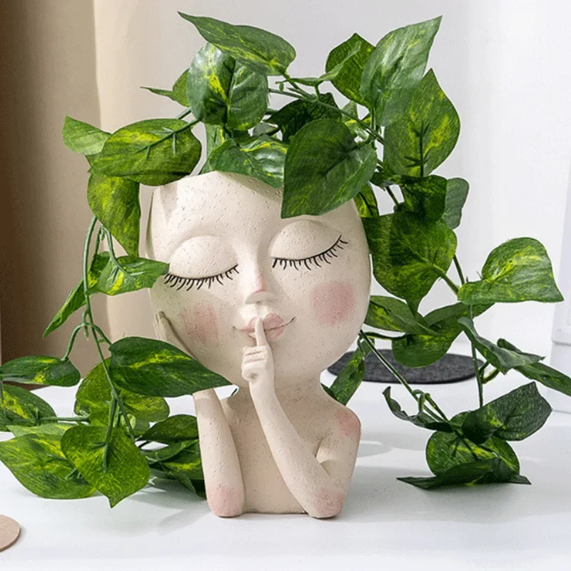 1PCS Face Head Planter Succulent Plant Flower Pot Resin Container With Drain Holes Flowerpot Figure Garden Decor Tabletop