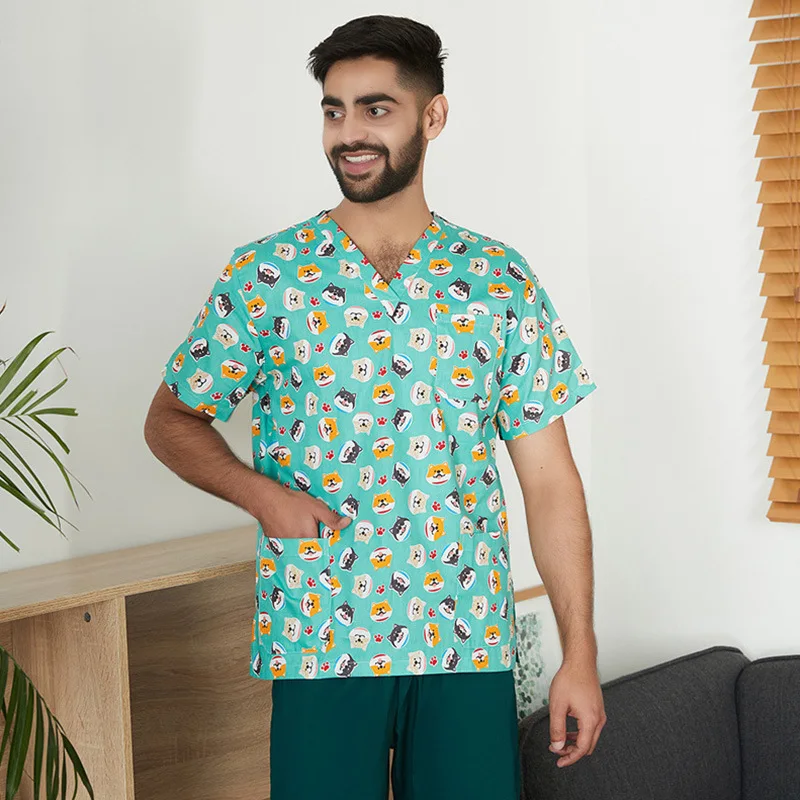 Nurse Scrubs Top Nurse Uniform Suits Nurse Uniform Dress Working Uniform Blouse Stretch Quick-drying Cartoon Print Nurse Uniform for Women V-neck Short-sleeved T-shirt Top Surgical Gown Overalls for Men