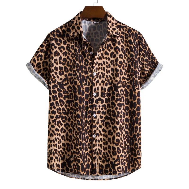 3D Printed Leopard Shirt For Men Casual Fashion Summer Short Sleeves Hawaiian Beach Shirts Personality Lapel Aloha Button Blouse 2
