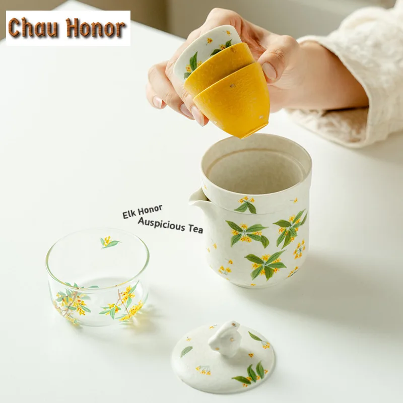 Hand-painted Osmanthus Flowers Travel Tea Set Kit Elegant 1 Pot 3 Cups Tea Maker Organizer Portable Outdoor Handbag Accessories
