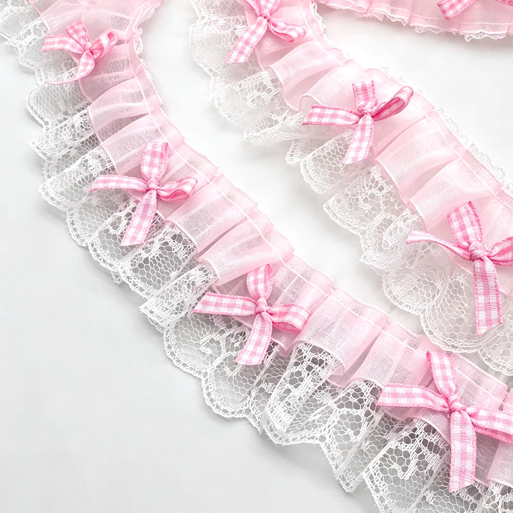 Pink Bow Embroidery Lace Trim - 1 Yard, 5CM Wide for DIY Clothing Decoration