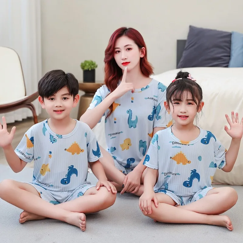 십대용 반팔 아이스 실크 파자마, 큰 아이들 옷 세트, 어린이 여아 수면복, 남아용 파자마 (8, 10, 12, 14, 15세)