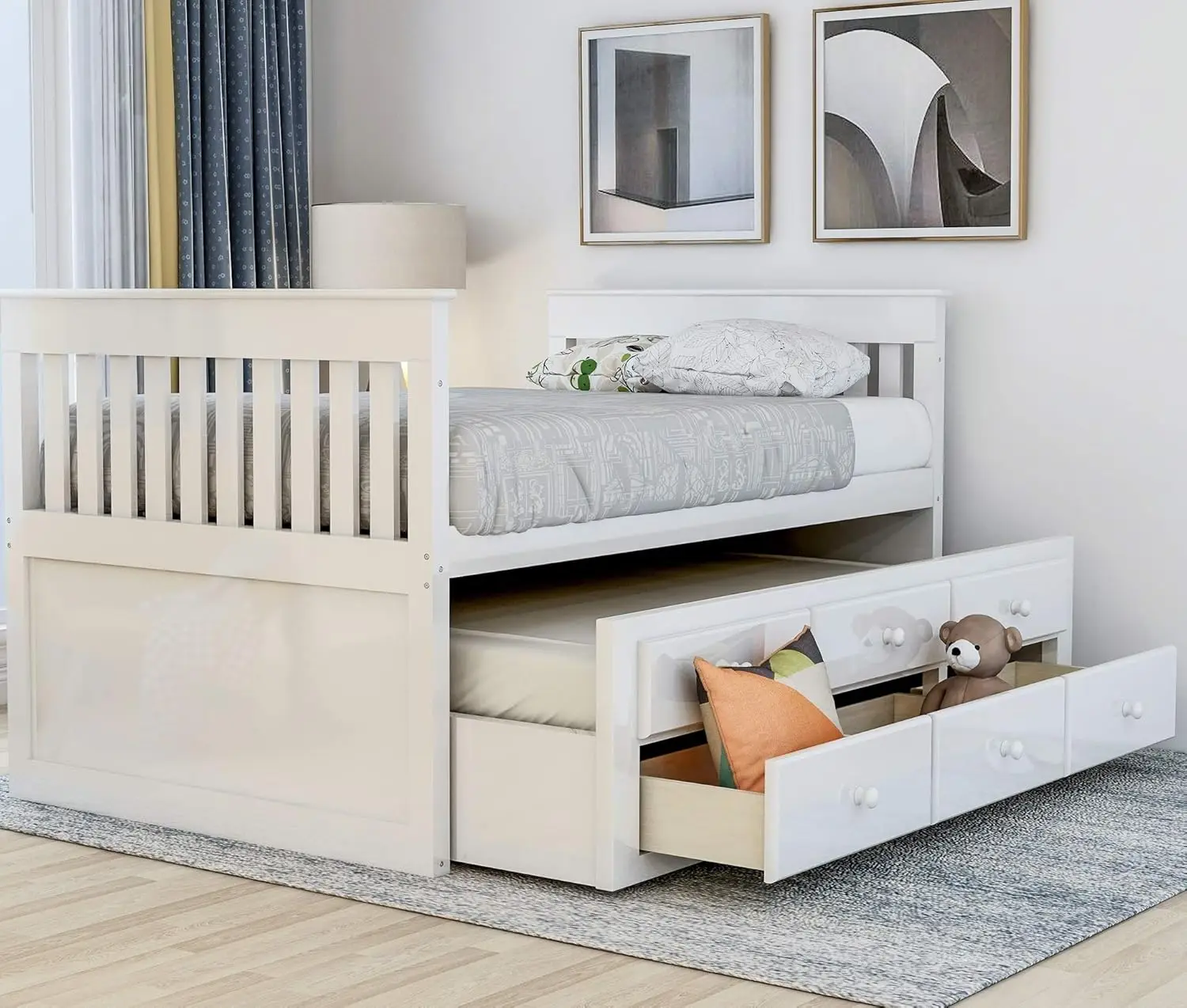 Twin Captain&rsquo;s Bed Storage daybed with Trundle and Drawers for Kids Guests (White)