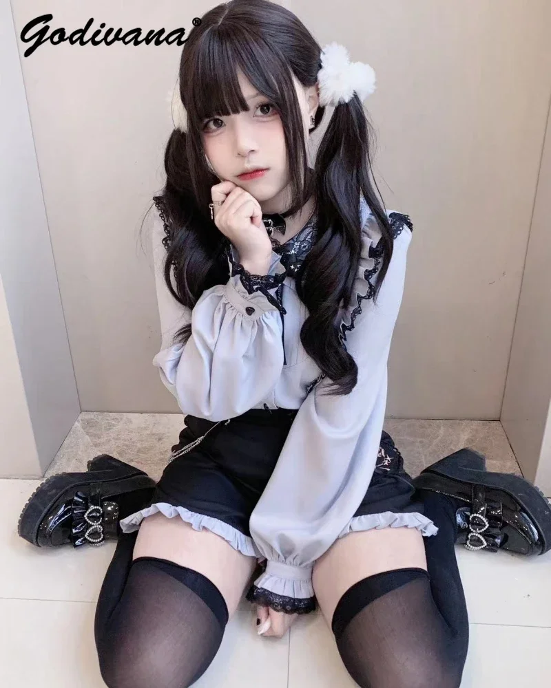 Lace Bow Tie Long Sleeve Shirt Shorts Two-Piece Set New Fashion Girl Ladies Sweet Blouse Lolita High Waist Shorts Outfits