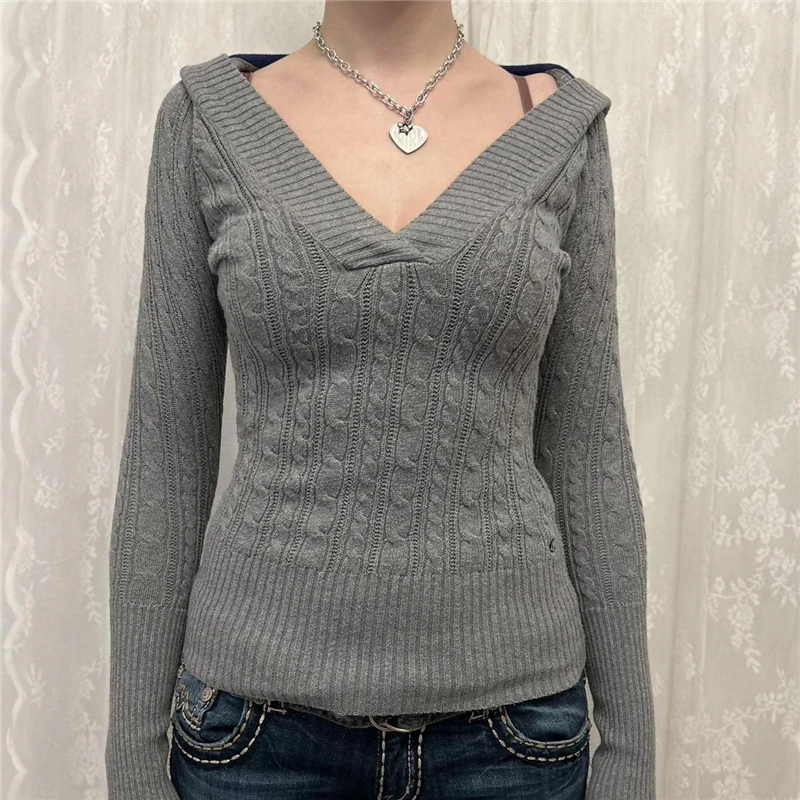 

Grunge Fairy Sweater Women Aesthetic Clothes Solid Color Long Sleeve Hooded Pullover Tops 2000s Knitted Clothing Streetwear