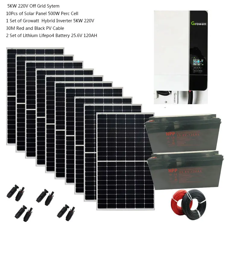 Sistema Solare Per Kit Completo Domestico 5000W 5Kw 220V 110V Pannello Fotovoltaico 500W Batteria Al Litio Lifepo4 Growatt Inverter Ibrido Off Grid