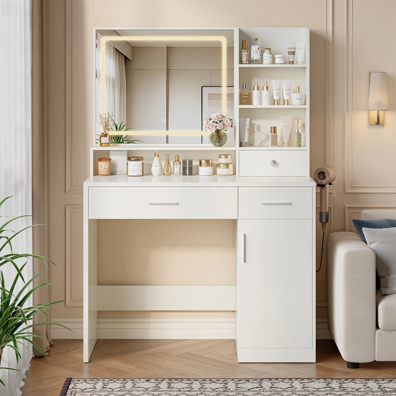 Makeup vanity with mirror and lights setup