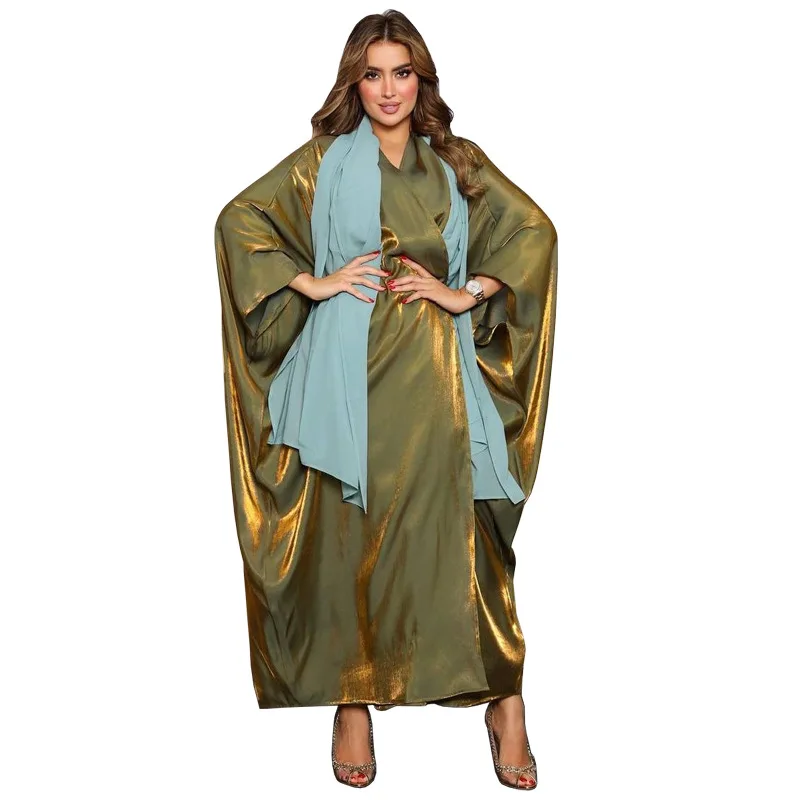 Middle East Modern Muslim Fashion Bright Silk Satin Solid Color Bat Sleeve Robe European and American Large Women's Clothing