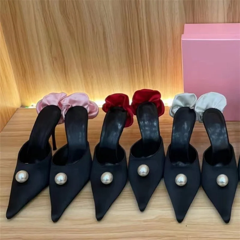 2024 New Pearl Pointed Toe Thin Heels Slippers Women Elegant Silk and Satin Rose Decor Shoes for Casual Fashion Brand Design