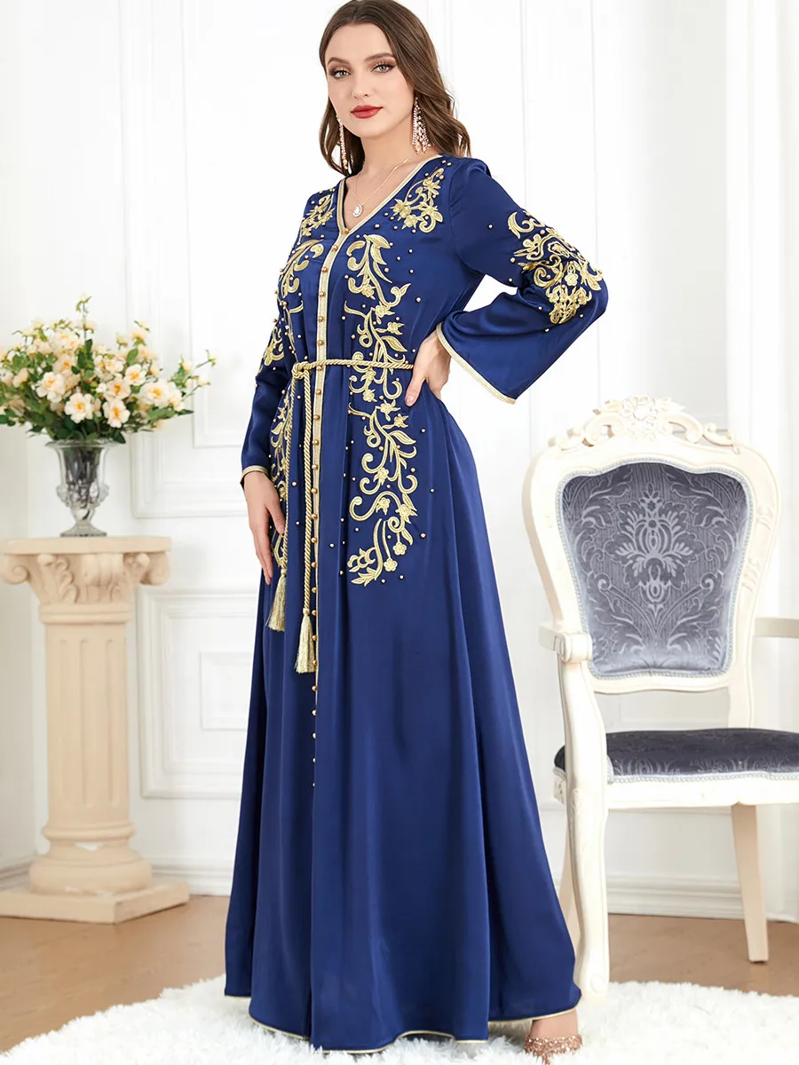Muslim Abaya Long Dress Women 2023 Morocco Jalabiya Dubai Arab Islamic Clothing Embroidery Belted Kaftan Prom Dresses Vestidos