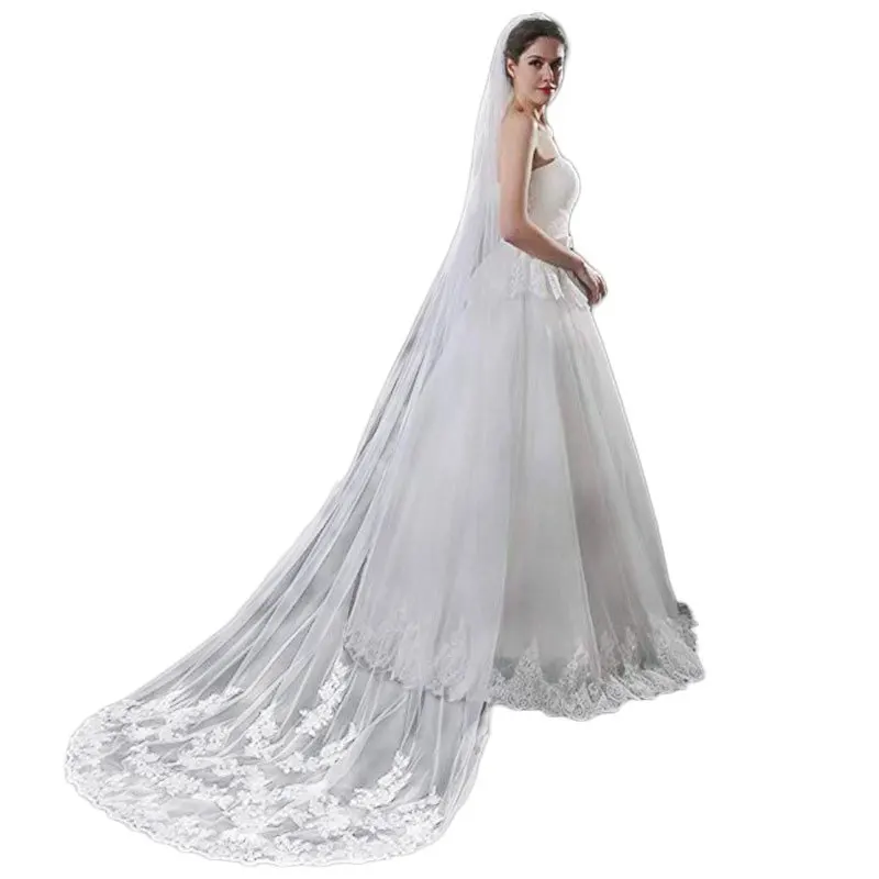 Popular  White Ivory Cheap  Bride Cathedral Long Bridal Lace Wedding Veils  Novia Mariage in Stock