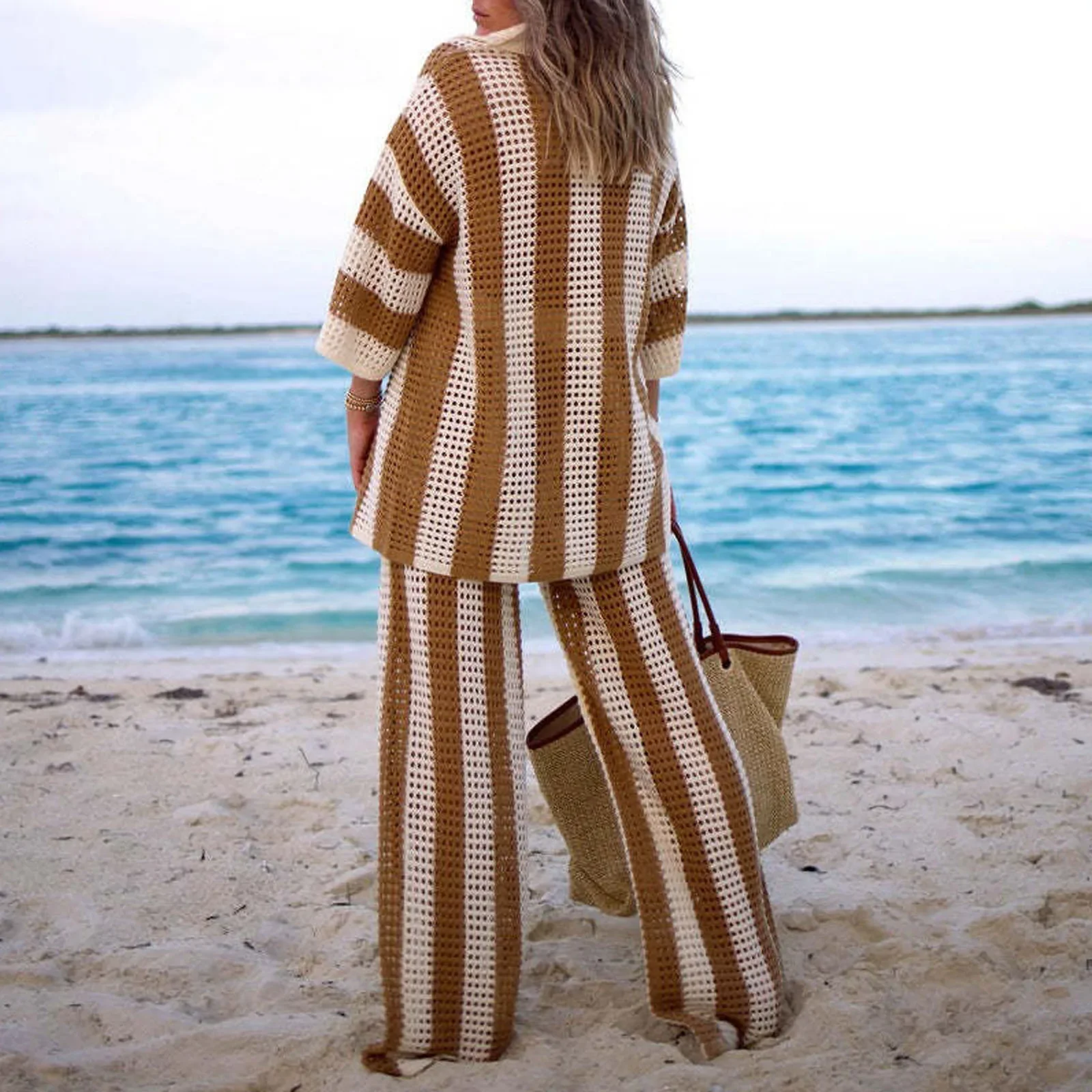 Customizable V-neck hollow striped shirt loose knit wide leg pants set WTZ410120 2