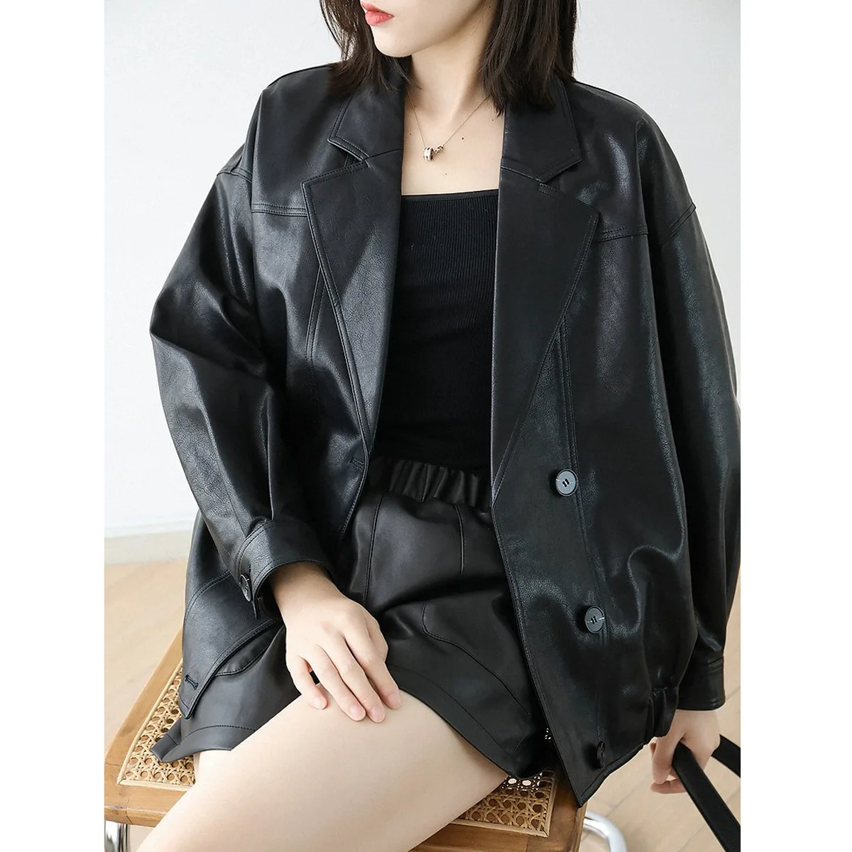 

2023 Autumn Sheepskin Coat Women's Loose Edition Suit Collar Single Leather Coat