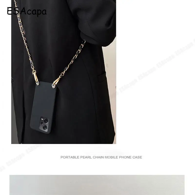 Elegant Crossbody Leather Chain Lanyard Case with Matte Silicone Back