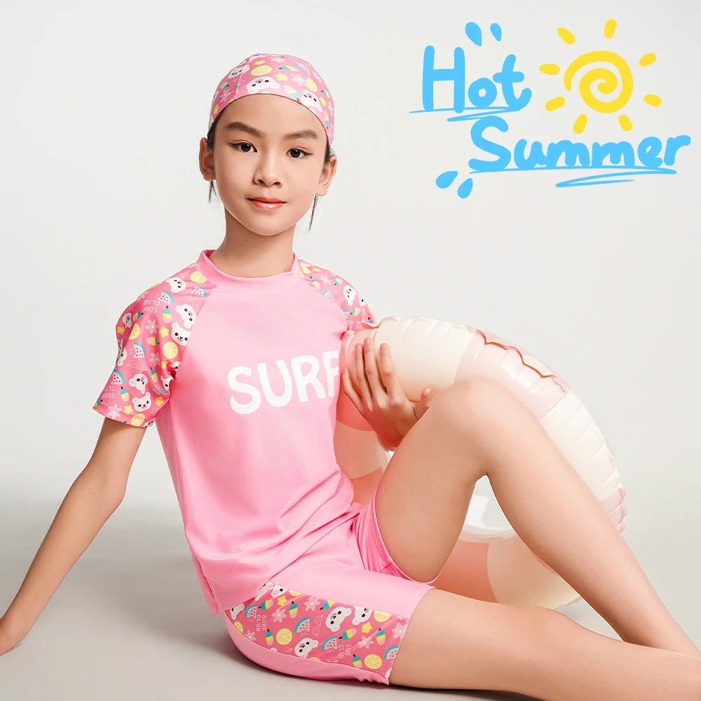 Cartoon Print Kids Girls Swimwear Girl Swimsuit Children Three-Piece Suits Split Design Suitable For Girl Beachwear with Hat