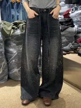 Home 23 Glittering Rhinestone Denim Pants Women's Jeans New Wide Leg Design Sensation Floor-Length Pants loose jeans