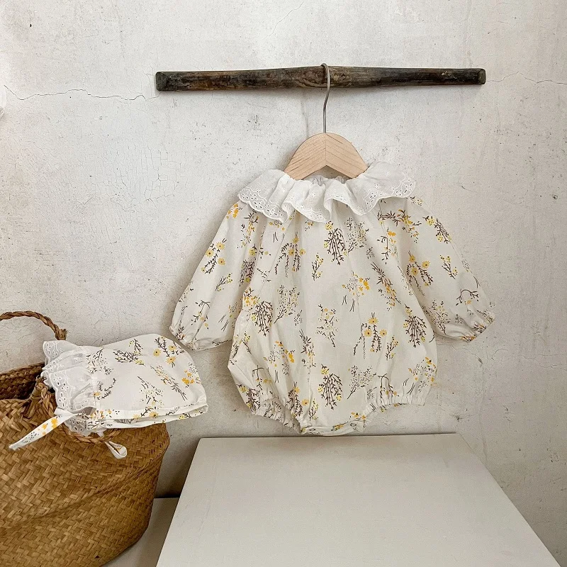 

Flower Romper 0-3Years Newborn Baby Girl Long Sleeve Lace Cape Collar Loose Print Bodysuit Hat 2PCS Outfits Cottton Clothes