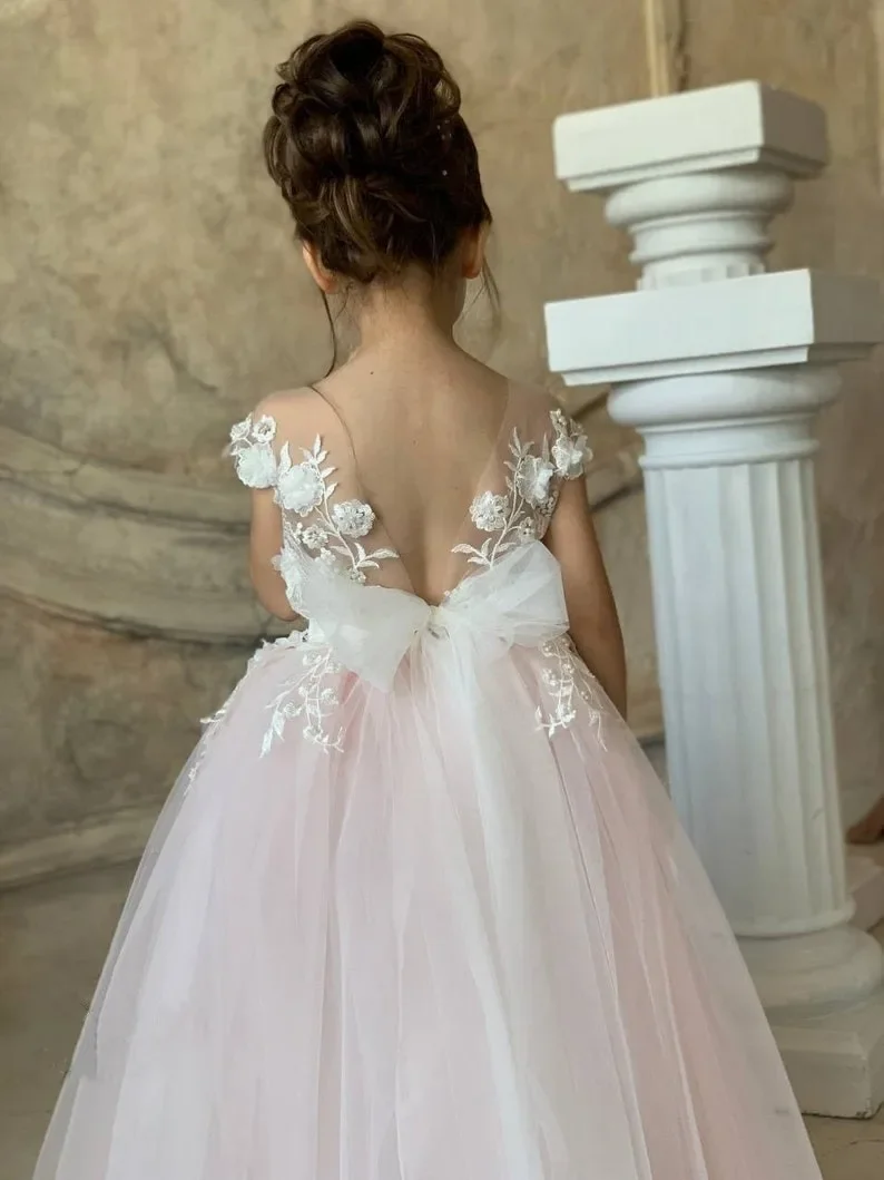 

Pink Tulle Nude Neck Floor Sweeping Lace Applique Flower Girl Dress Cute Wedding Bridesmaid Birthday Celebration Eucharist Dress