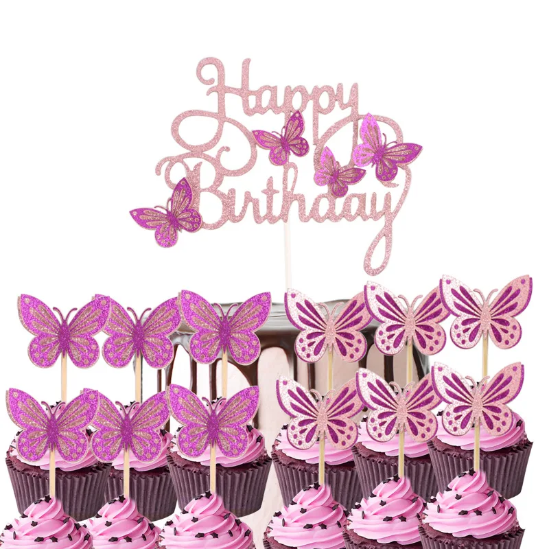 Glitter Butterfly Cake Toppers Set - 13pcs for Celebrations & Decorations