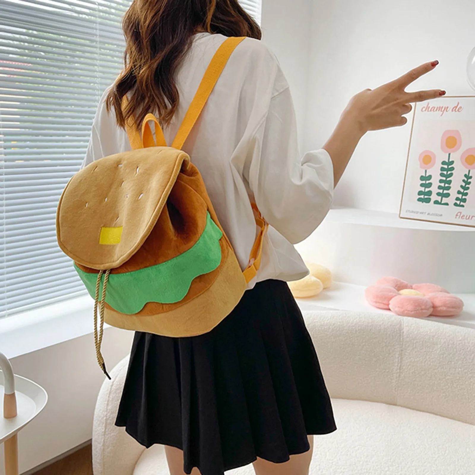 7829 Funny Hamburger Plush Backpack Bags Teen Girls - Cute Kawaii Fun Furry Hamburger Backpack Cheeseburge R Backpack Funny Yellow  main image 3