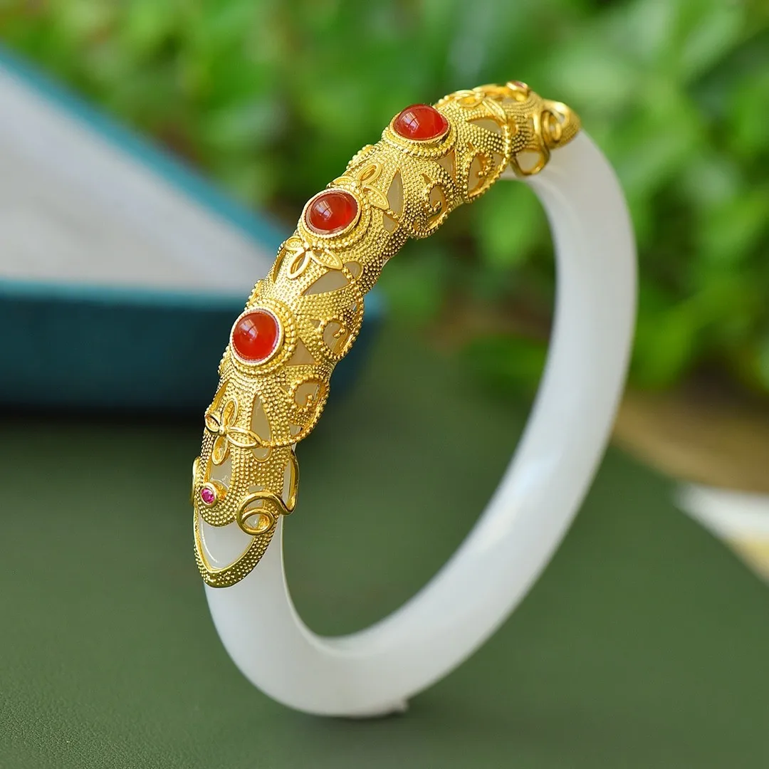 

Natural Nephrite White Jade Bangle Inlaid With Red Gemstones Hetian Jades Bangles Gold Round Bracelet Women Fine Jewelry Gifts