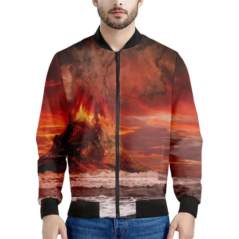 thumbnail image 1 of Chaquetas con estampado 3D de magma y erupción de volcán para hombre, sudadera holgada de manga larga, chaqueta bomber informal con cremallera, ropa de calle, abrigo, 1 of 4