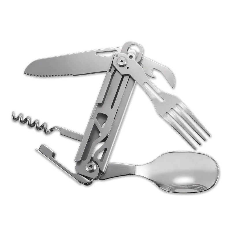 Portable Folding Camping Cutlery Multi-function Tableware Stainless Steel Knife Fork Spoon Bottle Opener Outdoor Equipment Gift