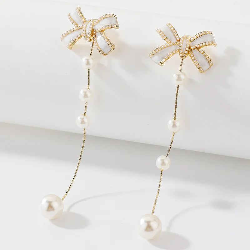 

European and American Women's Drip Bow Pearl Tassel Eardrops Ins One Style for Dual-Wear Earrings