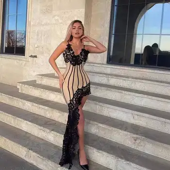 New Women's Sleeveless V Neck Lace Trumpet Strapless Decoration A-line Bandage Dress Bodycon Fashion Celebrity Party Mini Dress 1