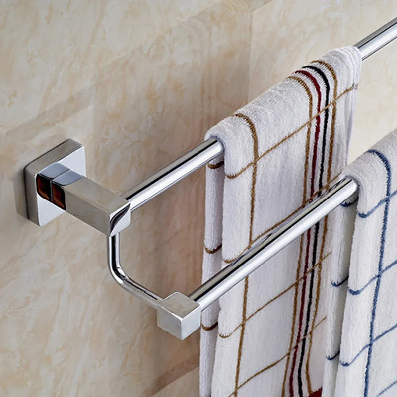 Chrome Plated Bathroom Double Towel Shelf Rack Holder Bath Towel Hanger Bar Square DesignTowel Rail Bathroom Accessories