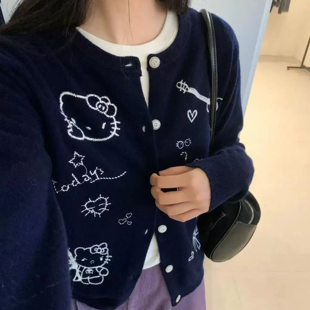 산리오 라운드 넥 긴팔 스웨터 애니메이션 헬로 키티 카와이 걸스 카디건 스웨터 가을 부드럽고 달콤한 루즈 학생 귀여운 탑