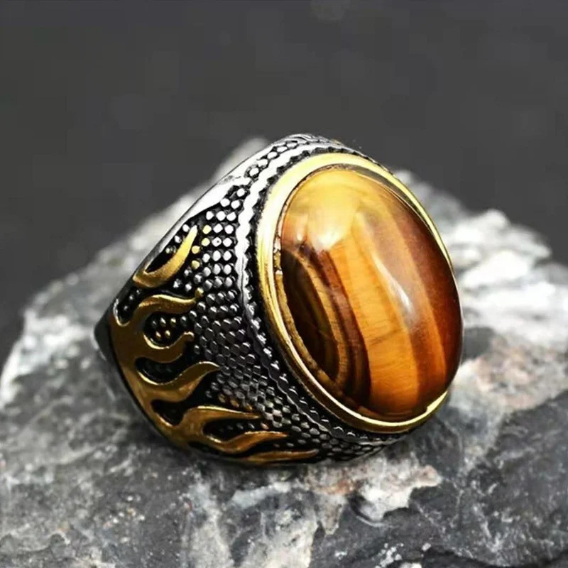 

Flame domineering men and women's ring Tiger Eye Stone retro men's wild ring