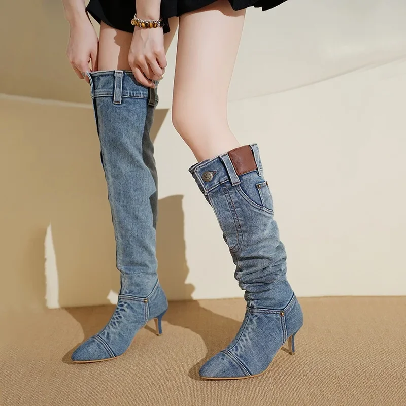 Denim Western Women Knee Thigh High Boots Autumn Winter Slip on Woman Shoes