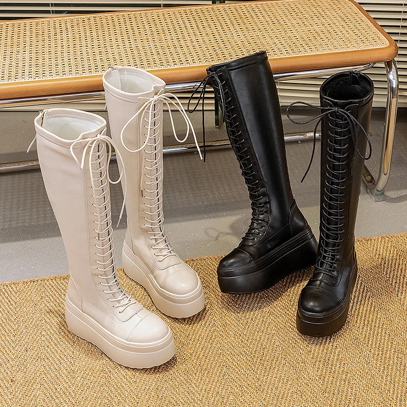 Fujin 8cm New Retro Genuine Leather Synthetic Platform Wedge