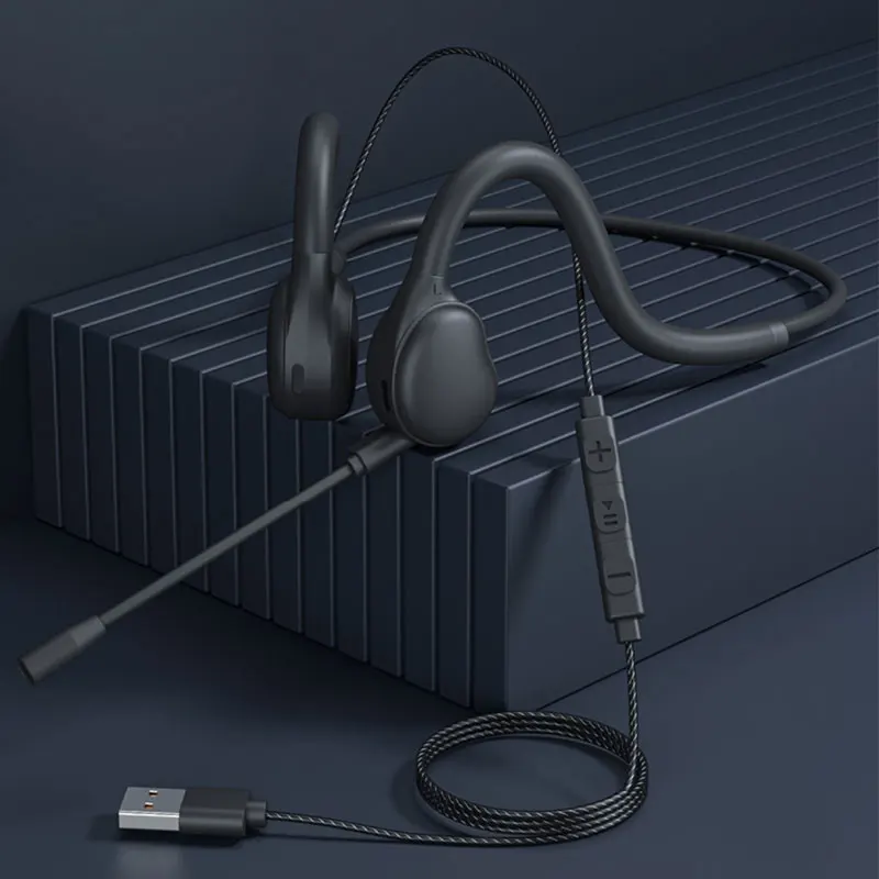 Open-Ear USB Headphone for PC Laptop Wired Headsets with Boom Mic Lightweight Earbuds for Business Office Meeting Gaming Wired